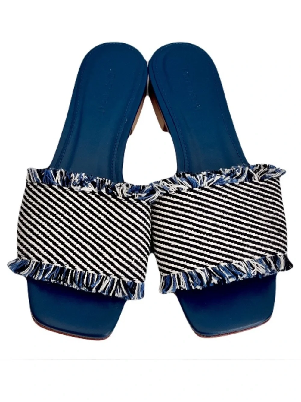 J. McLaughlin Navy Blue ‘Lile’ Raw Edge Denim Sandals, Size 6